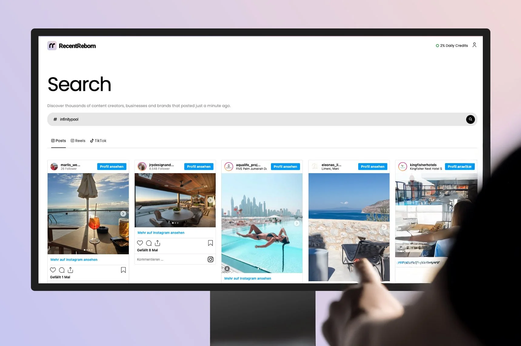 RecentReborn's chronological search results for Instagram, TikTok, and YouTube
