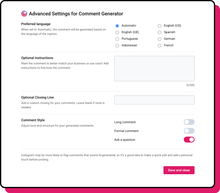 Advanced Settings panel in the Comment Generator extension