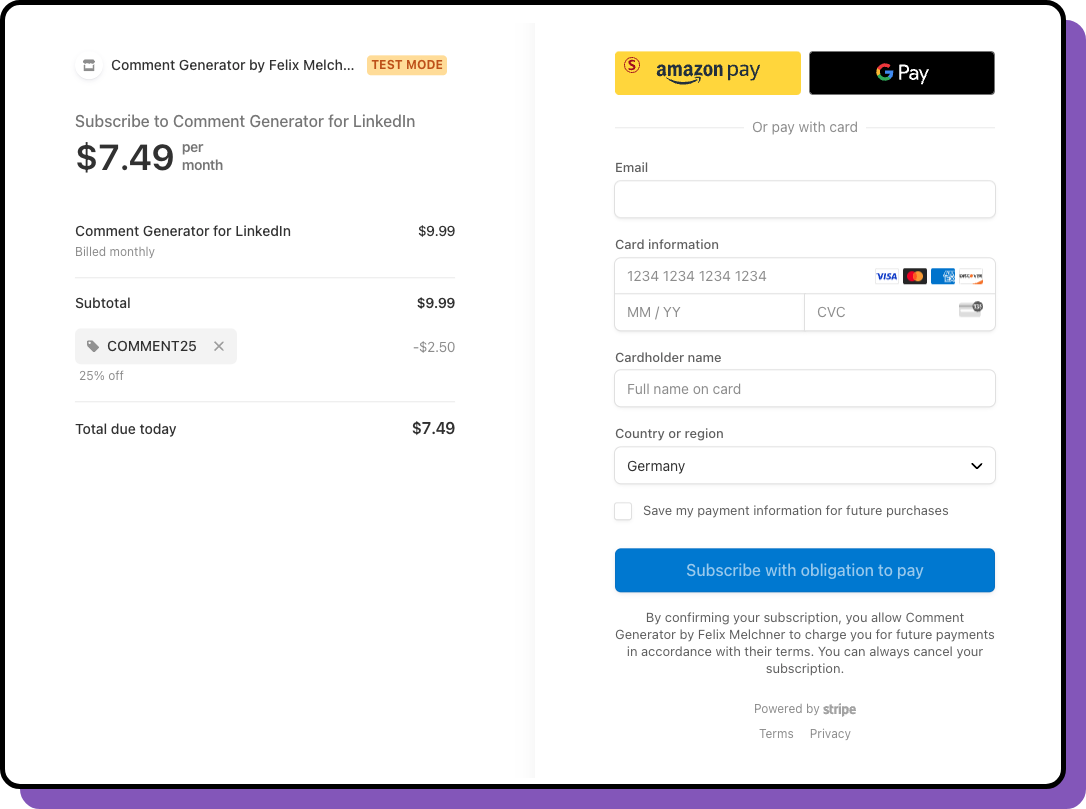 Redesigned Comment Generator checkout flow